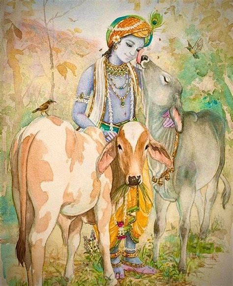 Lord Krishna With Cow Hand Painted Painting On Canvas (Without Frame ...