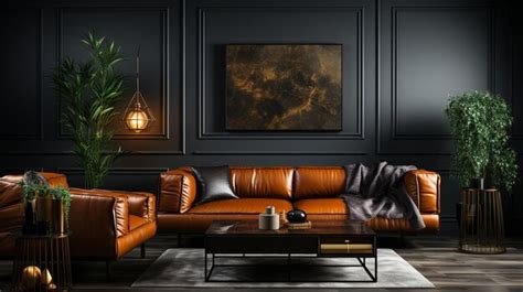 Premium AI Image | Modern Living Room with Leather Sofa Black Wide