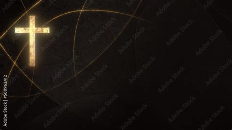 Golden Roman Christian Cross on liturgic black copy space banner background. 3D illustration for ...