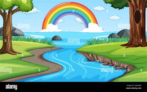 Nature scene background with rainbow in the sky illustration Stock Vector Image & Art - Alamy