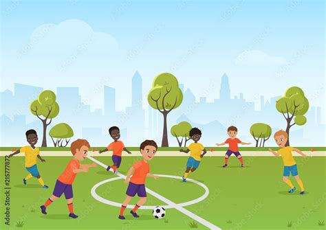 Kids soccer game. Boys playing soccer football on the school sport field. Cartoon vector ...