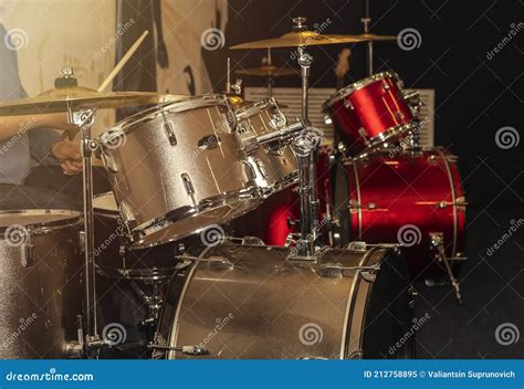 Drum Kit with Metal Plates on Black Background Stock Image - Image of ...