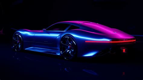 a blue and pink sports car in the dark