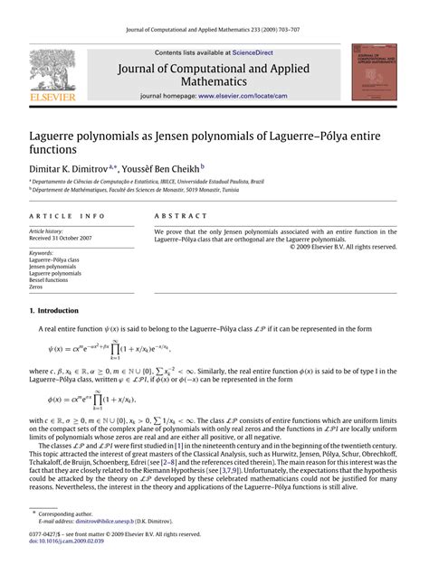 (PDF) Laguerre polynomials as Jensen polynomials of Laguerre–Pólya entire functions