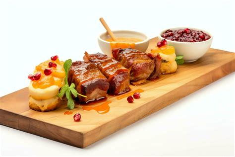 Pork belly braaivleis with mango and chili sauce served on a wooden plank. Restaurant food ...