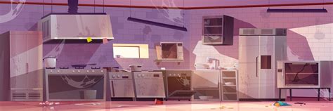 Free Vector | Abandoned restaurant kitchen interior vector cartoon illustration of messy large ...