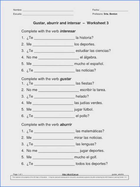 Gustar Worksheet Spanish 1 | Spanish worksheets, Verb worksheets ...