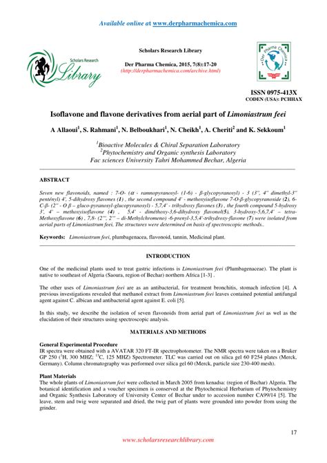 (PDF) Isoflavone and flavone derivatives from aerial part of Limoniastrum feei