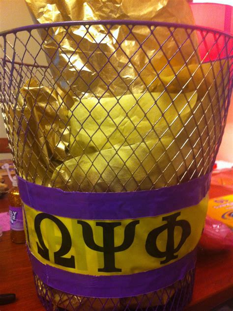 DIY Omega Psi Phi Personalized Trashcan with Omega caution tape as border, purple spray painted ...
