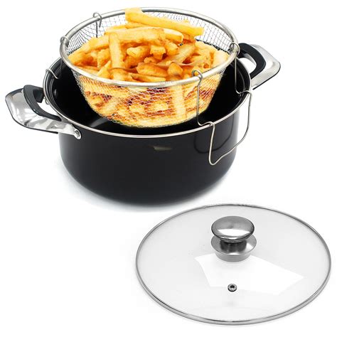 Chip Pan 24cm Deep Fat Fryer Non Stick Casserole Pot Fry Glass Lid Frying Basket 5056331319460 ...