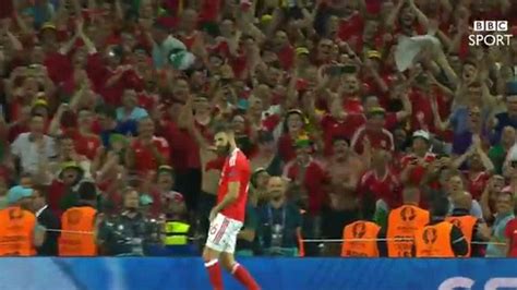 Wales midfielder Joe Ledley busts out some new moves to celebrate progress to Euro 2016 knockout ...