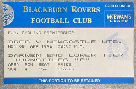 1995/96 ORIGINAL FA PREMIERSHIP TICKET BLACKBURN ROVERS V NEWCASTLE ...