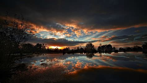 Wallpaper : sunlight, trees, sunset, lake, nature, reflection, clouds, sunrise, evening, HDR ...