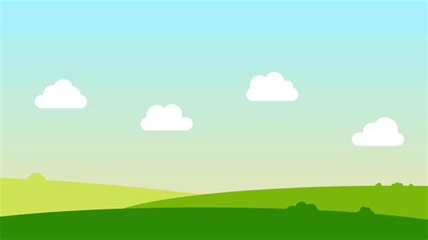 landscape cartoon scene with green trees on hills and white fluffy cloud in summer blue sky ...