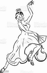 Coloring Page Flamenco Dancer In Dress With Fan Line Drawing Style  sketch template