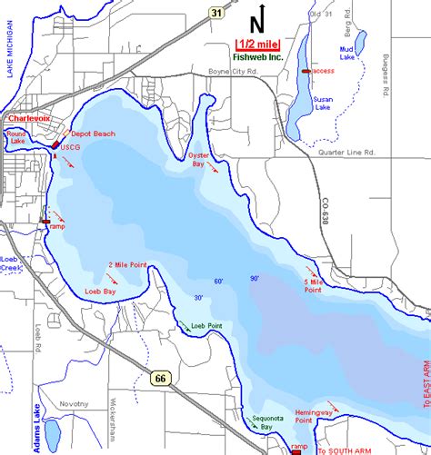 Lake Charlevoix Map West Arm Charlevoix County Michigan Fishing ...