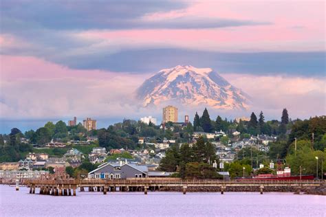 Mount Rainier over Tacoma WA waterfront during alpenglow sunset evening | Vickie Jennings