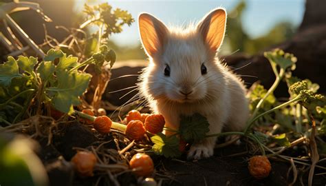 Cute baby rabbit sitting on grass, eating green vegetable generated by ...