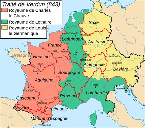 Verdun Treaty 843.svg | World history map, Verdun, Historical maps