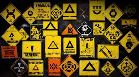Group Of Safety Signs In A Dark Background, Hazard Picture Of Safety Signs And Symbols And Their ...