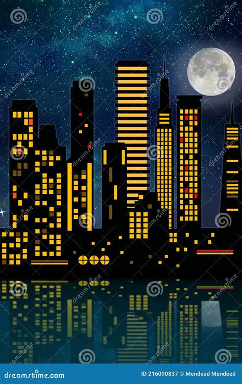 2d drawing of a night city stock illustration. Illustration of evening ...