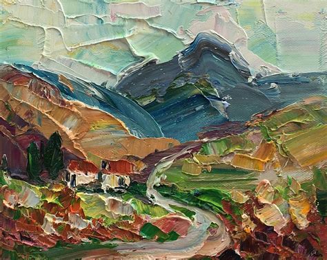 Heavy Texture Oil Painting, Mountain Village Landscape Painting, Small