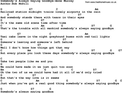 Country Music:Somebody's Always Saying Goodbye-Anne Murray Lyrics and Chords