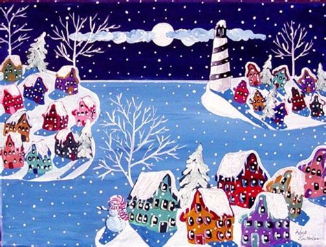 Winter Folk Art Ice Holidays Moon Lighthouse by reniebritenbucher