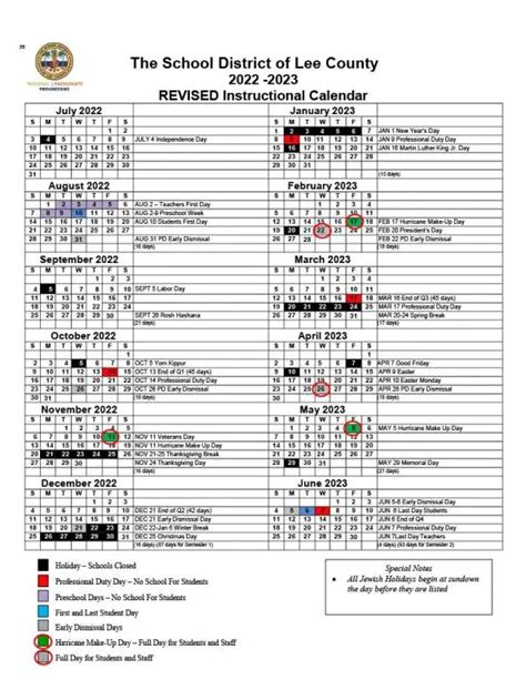 Revised 2022-2023 Lee County Schools Calendar Following Hurricane Ian