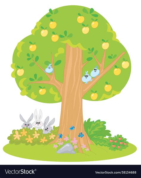 Cartoon apple tree with cute animals Royalty Free Vector