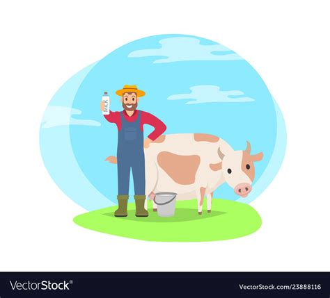 Farmer with cow on field cartoon icon Royalty Free Vector