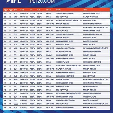 IPL 2020 match schedule | Match schedule, League schedule, Ipl