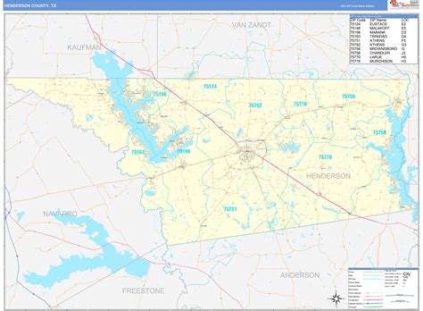 Henderson County, TX Zip Code Wall Map Basic Style by MarketMAPS - MapSales.com