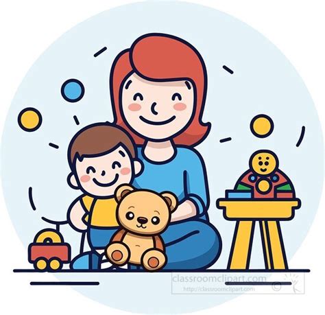 Teacher Clipart-day care teacher with a child surrounded by toys