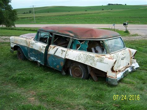 56 Chevy Wagon | Abandoned cars, Barn finds classic cars, Junkyard cars