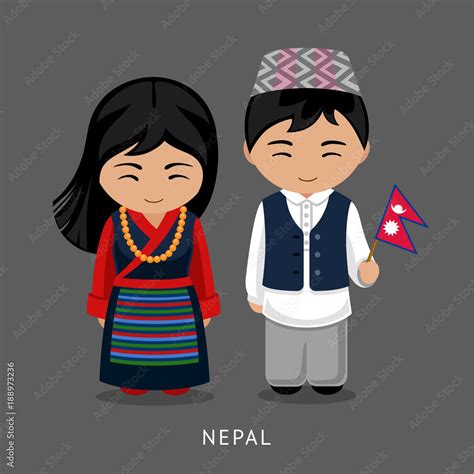 Nepalese in national dress with a flag. Man and woman in traditional costume. Travel to Nepal ...