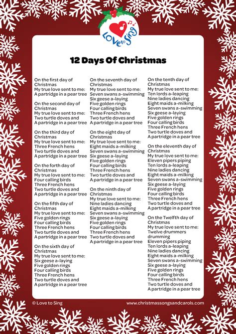 12 Days Of Christmas Lyrics Printable - Printable Calendars AT A GLANCE