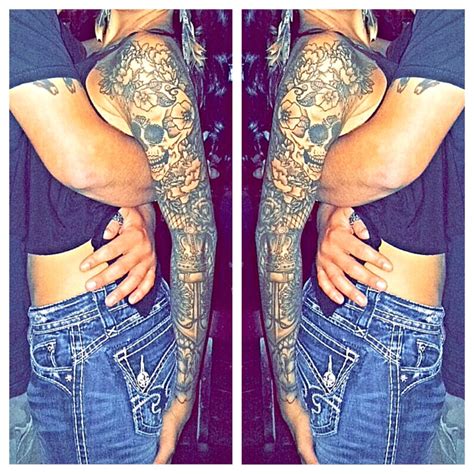 tattoo Girls with tattoos Skull Peony Anchor Lace Netting Girl sleeve Half sleeve Quarter sleeve ...