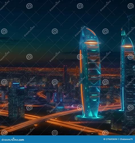 Futuristic City Downtown Night Scene, Beautiful Modern Buildings ...