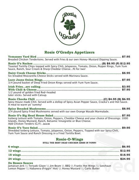 Menu for Rosie O'Grady's in Beaufort, SC | Sirved