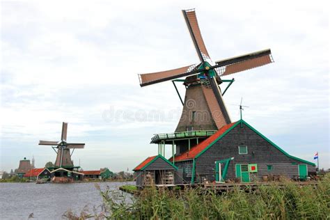 Traditional Dutch Windmills on the Water Channel. Zaandam, the Netherlands. Stock Photo - Image ...