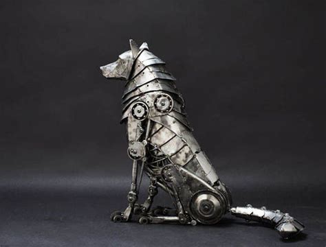 Mechanical wolf sculpture by Andrew Chase created from scrap metal ...