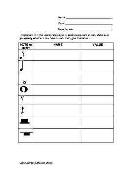 Music Notes and Rests Chart Quiz or Review Worksheet for Music ...