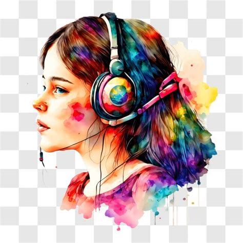 Download Abstract Art: Girl Listening to Music with Colorful Paint Splashes PNG Online ...