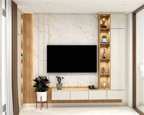 Contemporary Frosty White TV Unit Design with Glossy Finish and Tahiti Samoa Teak Accents ...