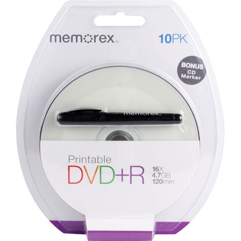 Memorex DVD+R 4.7GB 16x White Inkjet Printable Discs 4754 B&H