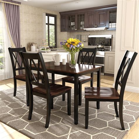 Kitchen Table and 4 Chairs Set, Wood Dinette Set Solid Acacia Wood ...