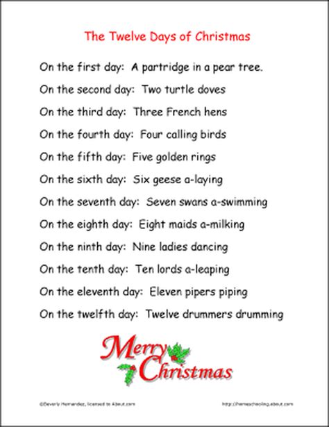 Lyrics To The Twelve Days Of Christmas Printable - Printable Word Searches