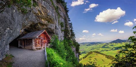 Historic cabin in the Wildkirchli cave in the Appenzell region of ...