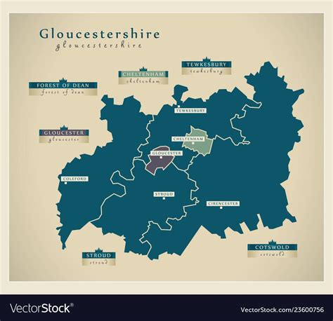 Modern Map - Gloucestershire county details UK... Forest Of Dean, Tewkesbury, Cirencester ...